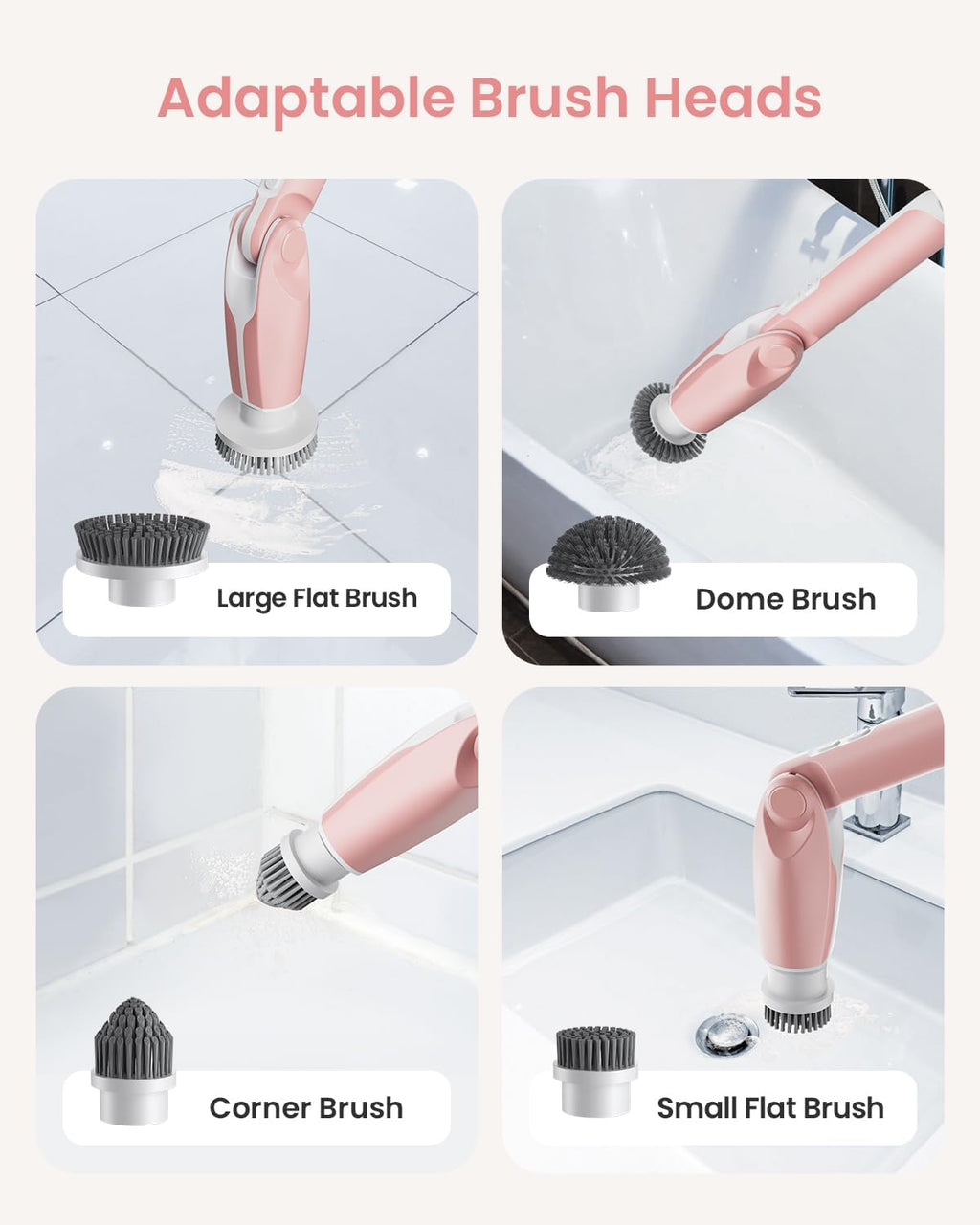 Leebein Electric Spin Scrubber, Shower Scrubber with 4 Adjustable Angles and 8 Brush Heads, Electric Scrubber with Long Handle & Remote Controller, Cleaning Brush for Bathroom, Tub, Floor (Pink)