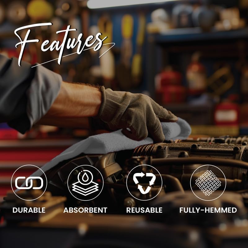 Shop Towels (White, 200-Pack) - Bulk Cleaning Towel in a Bag, Mechanic Cotton Wipes for Car Maintenance, Auto Mechanics & Garage, Wipe Grease & Oil, Machine Wash & Reusable