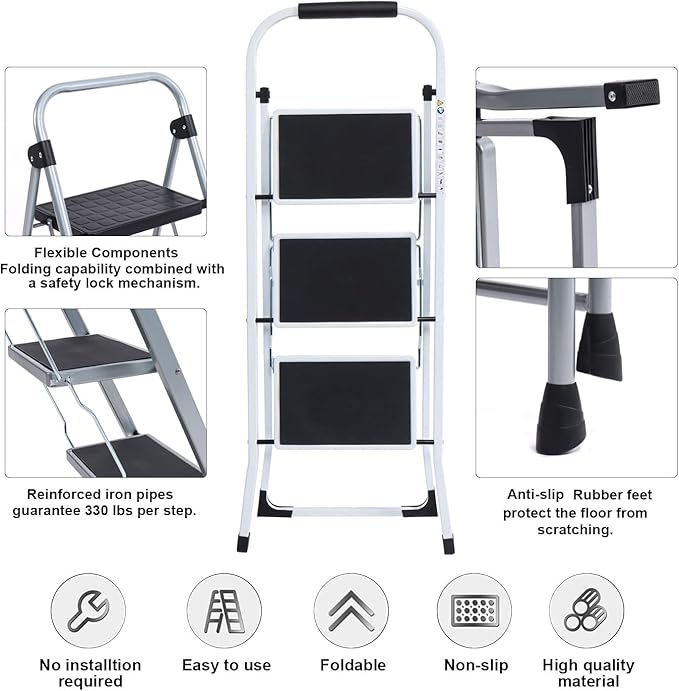 2-Step Ladders Folding Step Stool with Anti Slip Pedal and Handgrip Portable Sturdy Ladder for Home & Office 330 Lbs Black