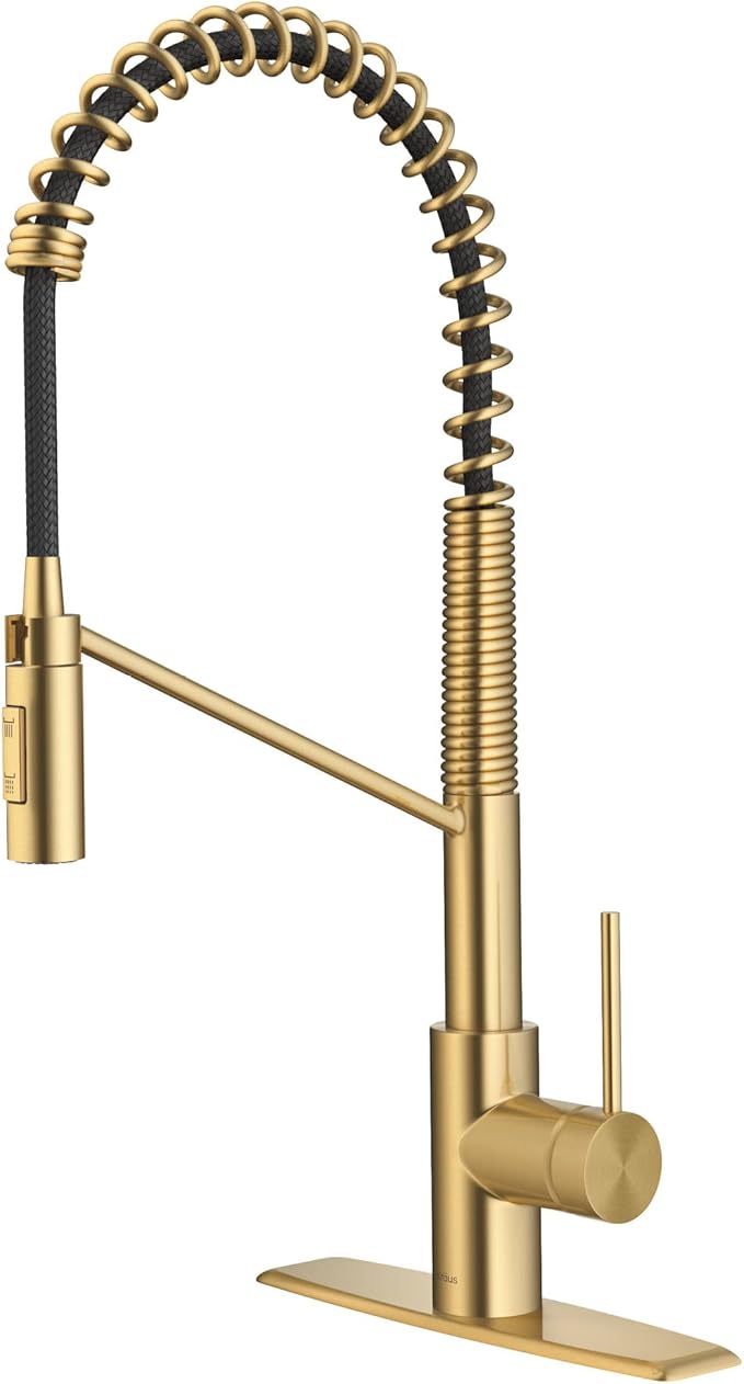 KRAUS Oletto Commercial Style Single Handle Pull Down Kitchen Faucet with QuickDock Top Mount Installation Assembly in Brushed Brass, KPF-2631BB