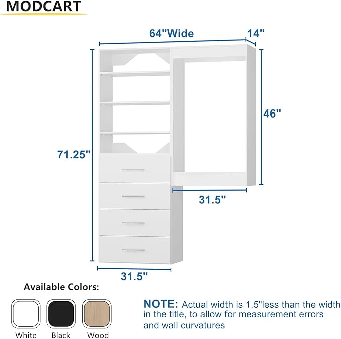 64" Wide Modular Closet Organizer With Tower and Drawers, Wood Storage for Walk In Closets, Wall Mounted Wardrobe Kit, Bedroom, White