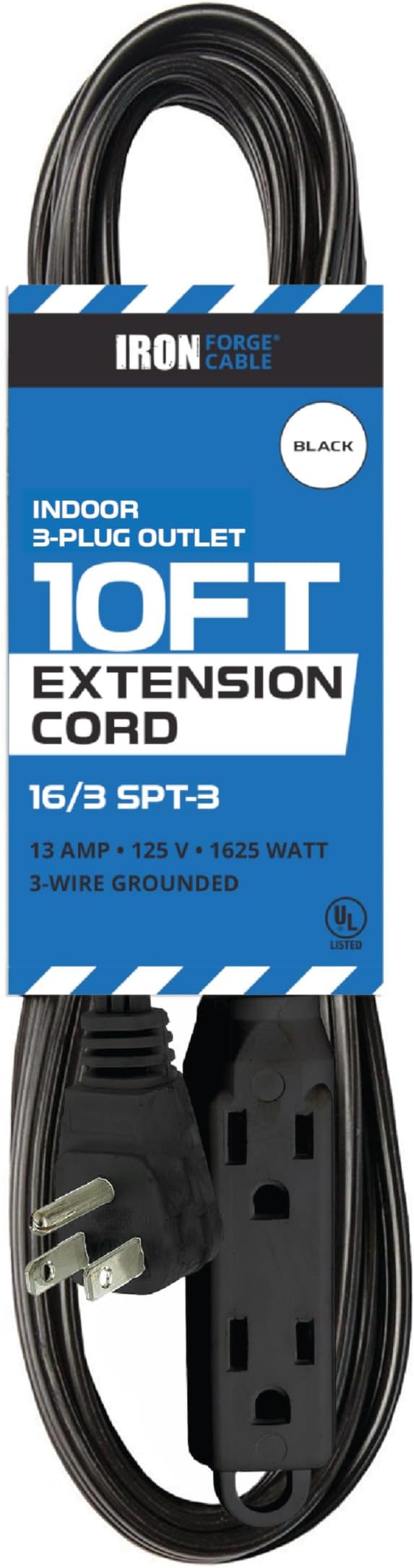 Iron Forge Cable 10 ft Flat Plug Black Extension Cord with 3 Outlets - 16/3 SJTW 3 Prong Indoor 10 Foot Black Extension Cord with Multiple Outlets