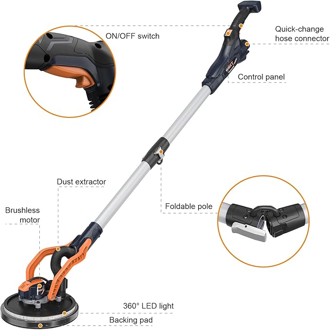 MAXXT Brushless Random Orbital Drywall Sander, 550W Powerful Constant Speed Electric Drywall Sander, 6 Variable Speed 600-1200RPM Foldable Sander Tool, With Memory Variable Speed, 360° Led Light