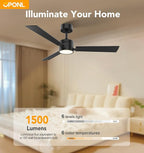 42" Black Ceiling Fan with Light, Remote Control, Downrod Mount, Noiseless, Reversible, 6CCT, Dimmable, 6 Speeds, Timeable, Ceiling Fan with Remote Control for Bedroom, indoor/outdoor