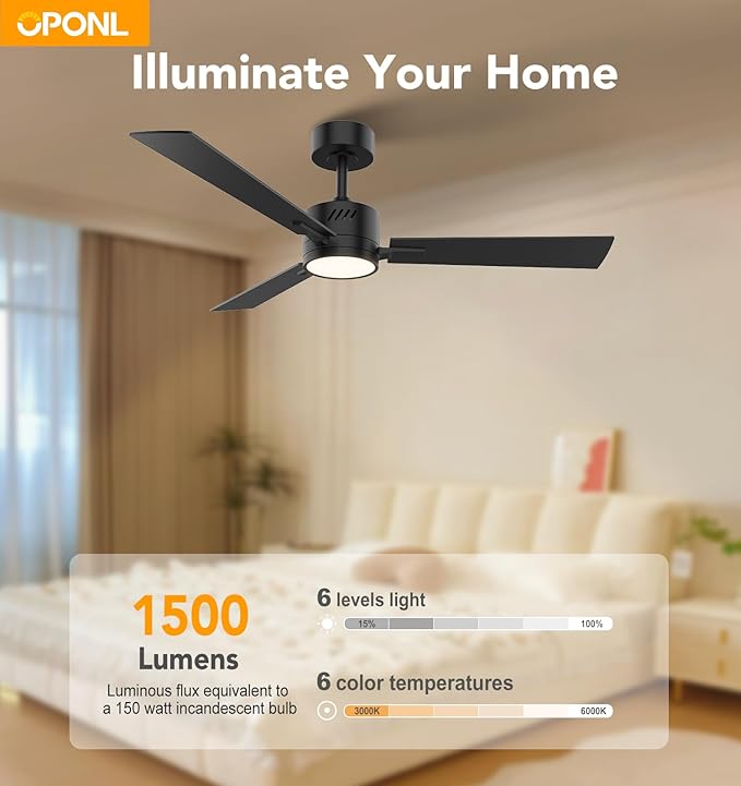 42" Black Ceiling Fan with Light, Remote Control, Downrod Mount, Noiseless, Reversible, 6CCT, Dimmable, 6 Speeds, Timeable, Ceiling Fan with Remote Control for Bedroom, indoor/outdoor