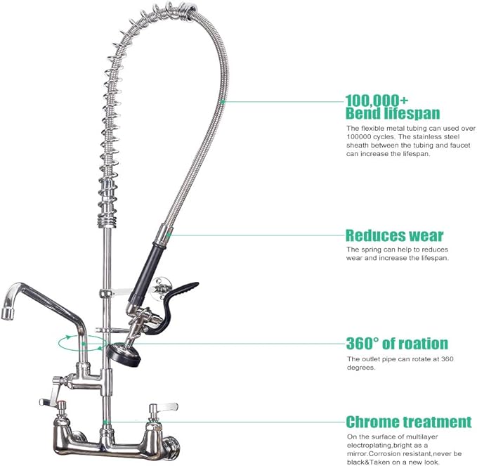 Commercial Sink Faucet with Sprayer 36 inch Commercial Faucet Pre Rinse Sprayer 8 inch Wall Mount Center with 12 inch Add on Spout