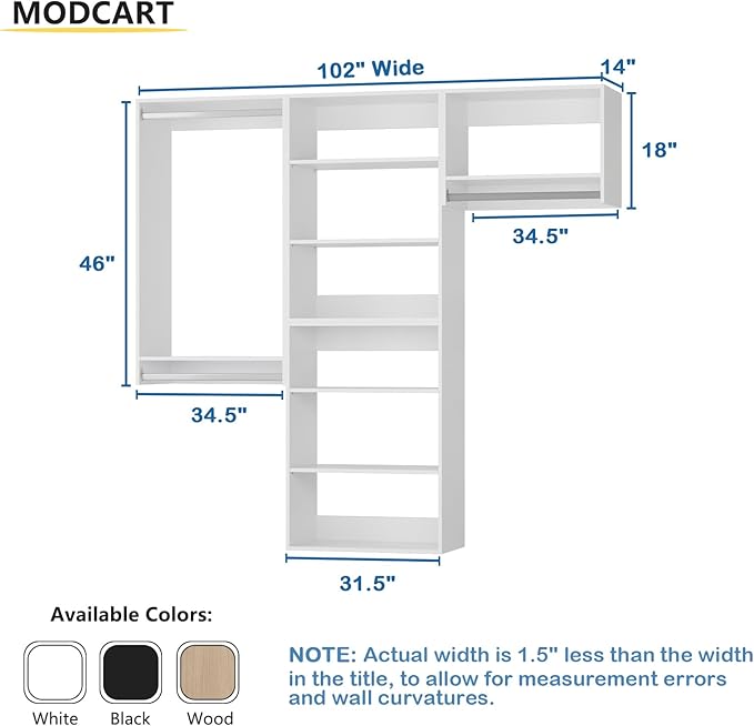 Modular Closet Organizer, 102" WideKit with Towers and Hanging, Wood Tower Storage for Walk In Closet, Wall Mounted Wardrobe Organizer, Bedroom, White
