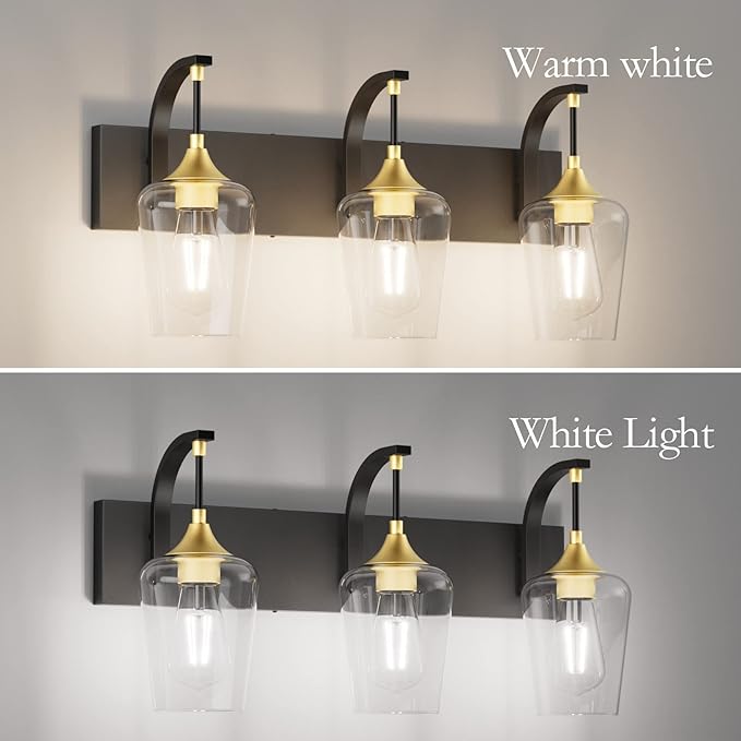 Ralbay Black/Gold Vanity Light Fixtures 3-Lights Industrial Black/Gold Bathroom Vanity Light with Clear Glass Vintage Edison Bathroom Wall Lighting Fixtures