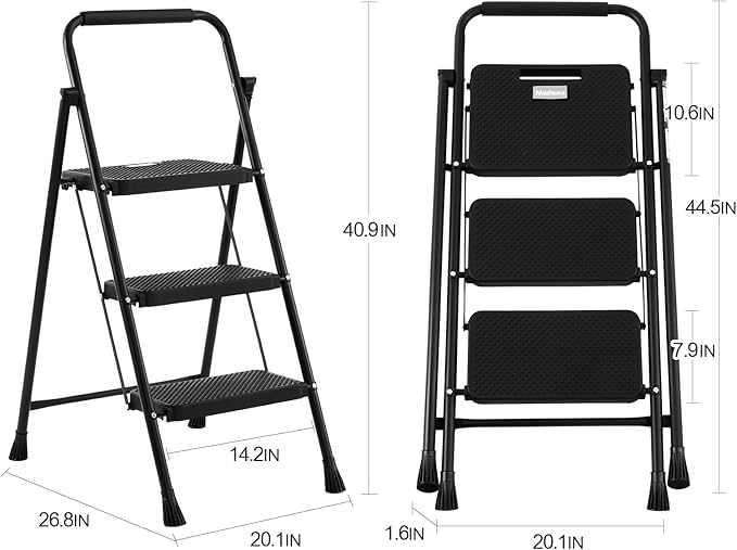 Nazhura Foldable 3 Step Stool Ladder, 300 Lb Weight Limit Folding 3 Stepping Ladder for Kitchen, with Wide Anti-Slip Pedal, Sturdy Steel Ladder, Convenient Handrail, Lightweight