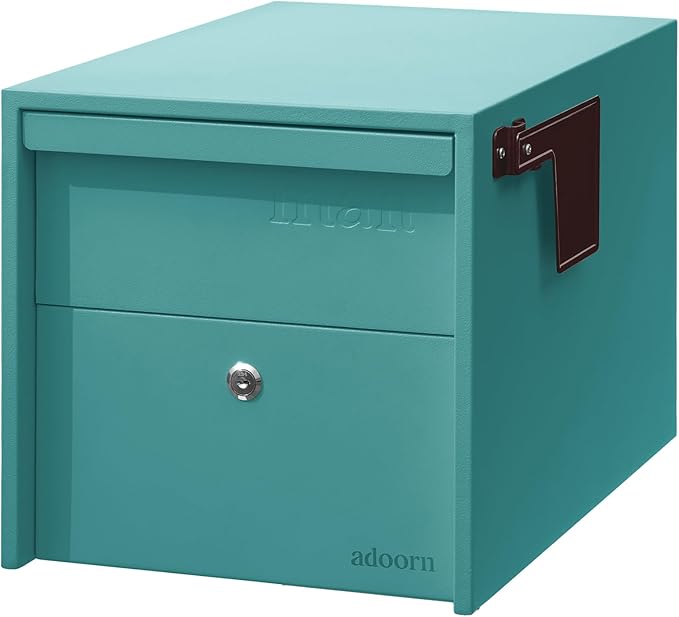 Adoorn Lockable Post Mount Mailbox | Small (Aegean Sea), Size 12 x 12 x 18.5 (HxWxD) Anti-Theft Locking Mailbox with 2 Keys, Modern Mailbox with Flag, Weatherproof Mailboxes for Outside