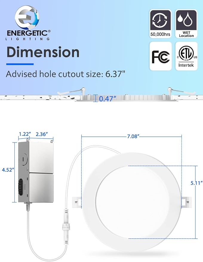 6 Pack 5CCT Ultra-Thin LED Recessed Lighting 6 Inch, Downlight with Junction Box, 2700K/3000K/4000K/5000K/6500K Selectable, 12W 110W Eqv, Dimmable Wafer Lights, 1050LM Canless LED Recessed Light, ETL