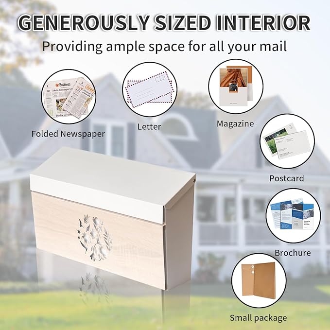 Wall Mount Mailbox, Large Capacity Mailbox for House Outside, Galvanized Steel Rust-Proof Metal Post Drop Box, 15.74"×9.84"×4.33" Flower Hollowed Wooden Patterned Metal Sheet