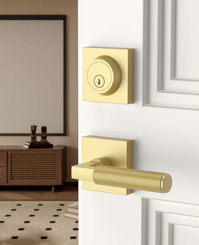 Asidrama Premium Gold Zinc-Alloy Front Door Lock Set: Double Cylinder Deadbolt, Heavy Duty Security Handleset for Left/Right Exterior Doors, Universal Entry Locks (2 Pack)