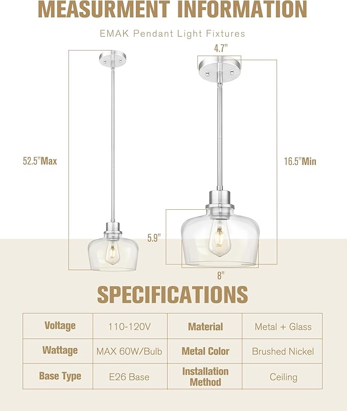 Emak Brushed Nickel Pendant Lights, Modern 8 Inch Clear Glass Pendant Light Fixtures for Kitchen, Bathroom, Bedroom, Dining Room, PL122-BN-CG