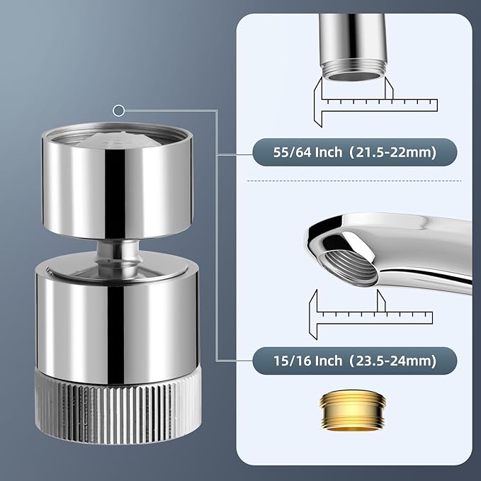Hibbent Dual Water Flow Sprayer Kitchen Sink Aerator - 360-degree Swivel Bathroom Faucet Aerator, Easy One-Hand Control, 1.8 GPM-55/64 Inch-27UNS Female Thread, Chrome