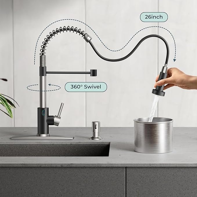 Touch-Less Kitchen Faucet, 3 Modes Pull Down Sprayer, LED Temperature Control,Ceramic Valve, 360-Degree Rotation, 1 or 3 Hole Deck Plate. 10-Year Warranty.(KW-79NR, Brushed Nickel/Black)