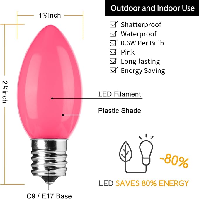 Brightown C9 LED Replacement Christmas Bulbs, 25 Pack Pink Shatterproof C9 Bulbs, Waterproof Commercial LED Holiday Bulb for Christmas String Light, E17 Intermediate Base, Dimmable