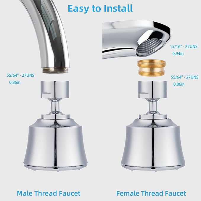 iFealClear Kitchen Sink Faucet Head, 360° Faucet Sprayer Attachment, 55/64-27UNS Large Angle Faucet Aerator Adapter with 2 Metal Swivel Joints, 4 Spray Modes, Extra 15/16" Male Thread Adapters, Chrome