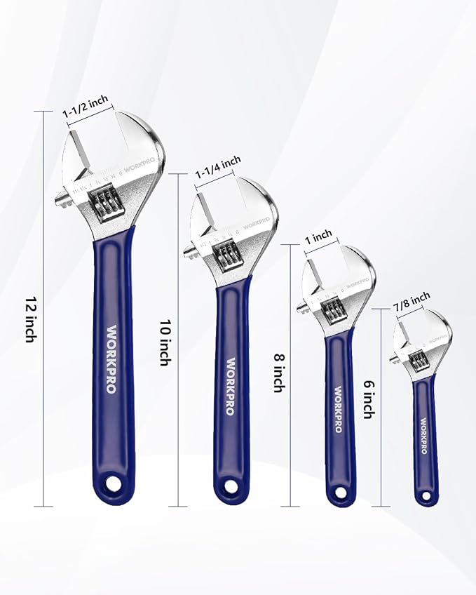 WORKPRO 4-Piece Adjustable Wrench Set (6", 8", 10", 12") – Heavy-Duty, Wide Jaw Wrenches with Laser-Etched Metric & SAE Scales, Comfortable Grip for Automotive, Plumbing & Repairs