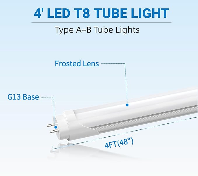 LED Fluorescent Light Bulbs 48 inch T8 LED Bulbs Type A+B,24W 3000LM Plug & Play or Ballast Bypass, Single and Double End Powered,5000K Frosted Cover,T8 T10 T12 4FT Tube Lights Replacement,12-Pack