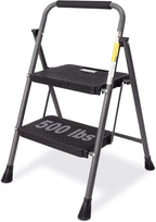 2 Step Ladder, GOLYTON 2 Lightweight Folding Step Stool with Wide Anti-Slip Pedal and Comfort Handgrip, Lightweight 500 lbs Portable Steel Ladder Multi-Use Household and Office, Grey