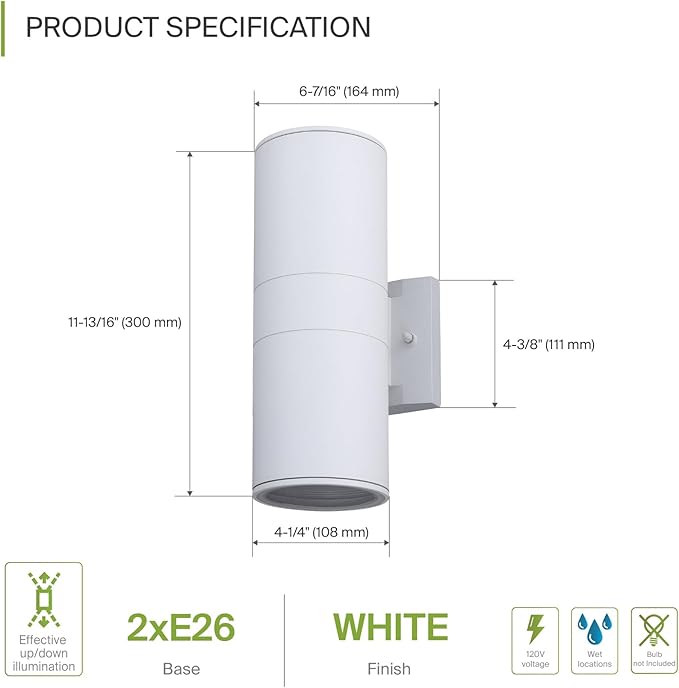 ASD 2 Light Outdoor Wall Light Fixture | 120W E26 Bulb Socket 120V ETL Cylinder Up Down Lights | LED/CFL/Incandescent Bulb Exterior Wall Sconce | Front Door, Porch, Patio Lighting | White, 2 Pack