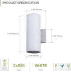ASD 2 Light Outdoor Wall Light Fixture | 120W E26 Bulb Socket 120V ETL Cylinder Up Down Lights | LED/CFL/Incandescent Bulb Exterior Wall Sconce | Front Door, Porch, Patio Lighting | White, 6 Pack