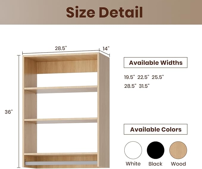 ROOMTEC 28.5" Medium Hanging Closet Unit, Modular Closet System with Hanging Rod, Wardrobe Organizer for Bedroom or Walk-in Closet, Wall Mounted, Customizable Clothes Storage Unit, Wood