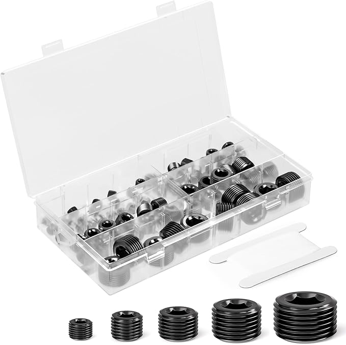 GASHER 25Pcs Carbon Steel Pipe Plug Fitting Internal Hex Thread Socket Pipe Plug Set, 1/8" 1/4" 3/8" 1/2" 3/4" NPT