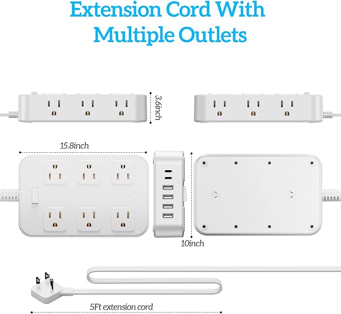 Flat Plug Power Strip Surge Protector with 12 AC Outlets 6 USB Ports 3 Side Multi Plug Outlet Extender 5 Ft Extension Cord for Home Office Kitchen Dorm Wall Desk Charging Station ETL Listed