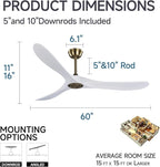 60" Gold and White Ceiling Fan with Remote Control, Bedroom Ceiling Fan without Lights for Indoor/Outdoor - Modern Design, Powerful Airflow, Silent Operation