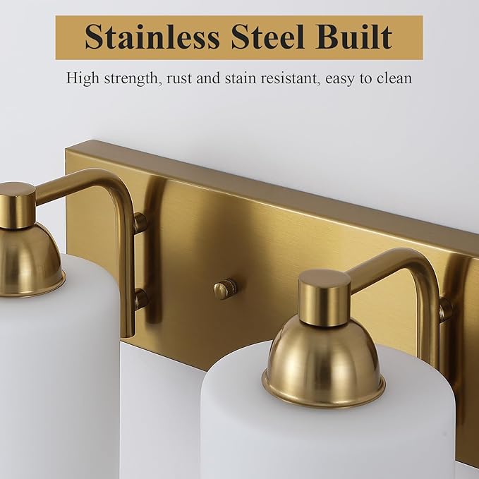 Stainless Steel Milk Glass Vanity Lights for Bathroom, 2 Light Gold Bathroom Light Fixtures Over Mirror, Ceramic E26 Sockets Wall Mounted