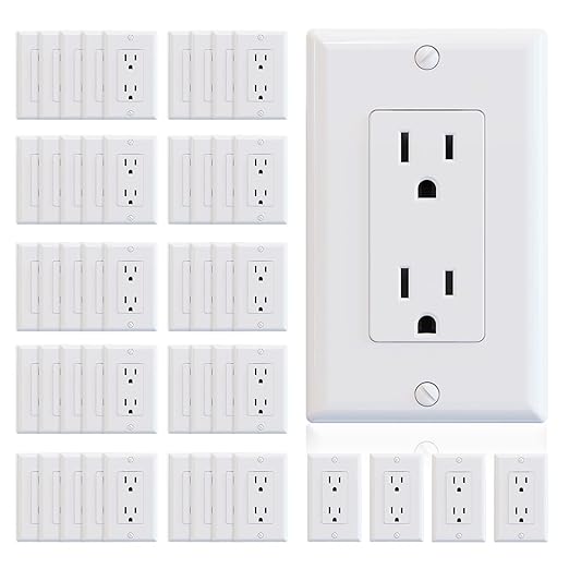 ELEGRP Glossy White Decorator Receptacle, 15A 125V Standard Electrical Wall Outlet, 2 Pole 3 Wire, Non-Tamper Resistant, NEMA 5-15R, Self-Grounding Residential Grade, w/Wall Plate, UL, 50 Pack