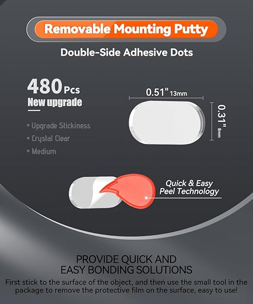 480 Pcs Removable Gel Mounting Putty for Museum Action Figures, Clear Glue Earthquake Putty, Double Sided Sticky Tape Adhesive Dots, 0.31" x 0.51"