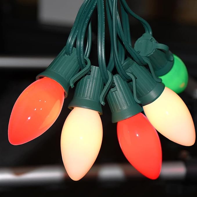 SUNSGNE 25 Pack C9 Red Christmas Light Bulbs, 7 Watt Red Incandescent Christmas Replacement Light Bulbs, E17 Intermediate Base