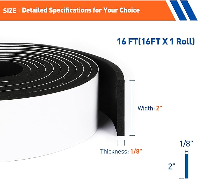 MAGZO Weather Stripping Door Seal, 2 Inch Wide X 1/8 Inch Thick Adhesive Foam Tape Soundproof Weatherstripping for Windows, 1 Roll Total 16FT Black