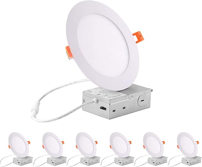 ZYC recessed Lighting 6 inch - 12W 1100LM High Brightness,5CCT 2700K/3000K/3500K/4000K/5000K Selectable,Ultra-Thin LED Recessed Ceiling Light,Dimmable Canless Wafer Downlight,Pack of 6 White.