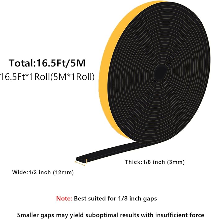 Strong Adhesive Insulation Tape, High Density Foam Weather Stripping Door Seal, Door Seal for Doors Windows, Soundproof Weatherproof Foam Seal Tape, Noise Reduction(1/2 in x 1/8 in x 16.5Ft)
