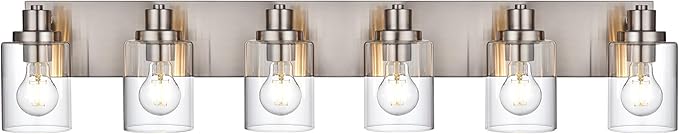 6 Light Vanity Light Brushed Nickel Bathroom Lighting Fixtures Over Mirror, Modern Bathroom Light with Clear Glass Shade, Farmhouse Vanity Lights