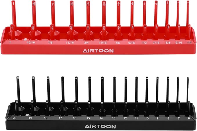 AIRTOON 3/8-Inch Drive Socket Organizer Trays, 2-Piece SAE and Metric Socket Tray Set, Deep and Standard Socket Holders Organizers for Toolbox, Black & Red