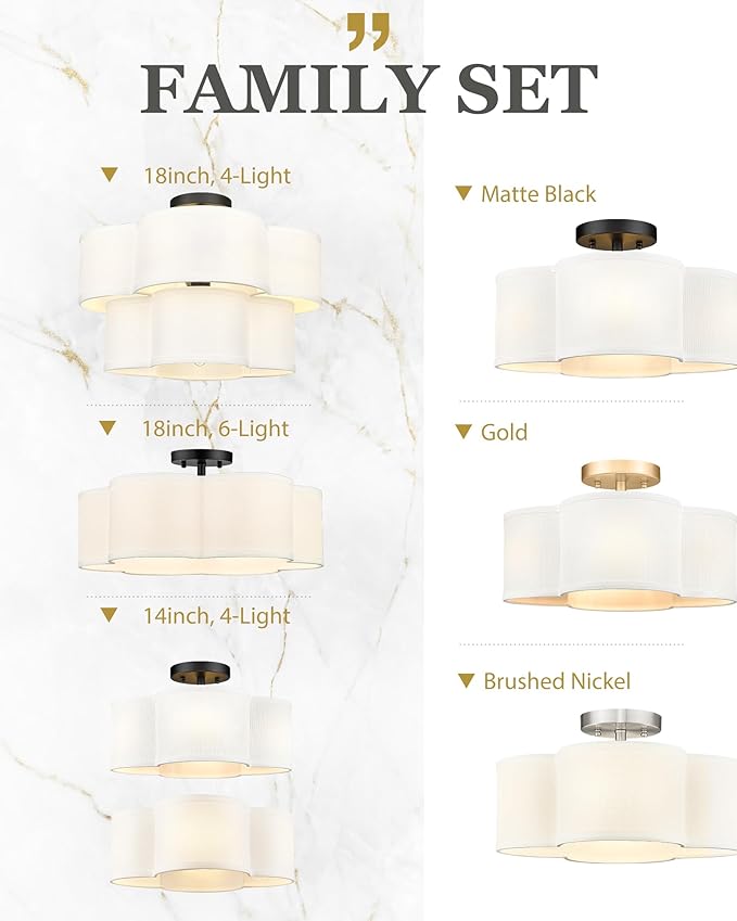 Black Flush Mount Ceiling Light, 4-Light 14Inch Light Fixtures Ceiling Mount with Fabric Shade in Quatrefoil Shape, Ceiling Light for Nursery Hallway Bedroom Kitchen, AD-22007-4C-BK