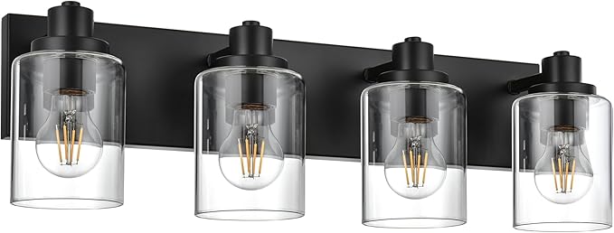 4 Light Bathroom Vanity Lights, Bathroom Lighting Fixtures over Mirror with Clear Glass Shades, Black Vanity Light For Bathoom, Modern Wall Sconces Vanity Lighting Fixture for Bathroom Hallway