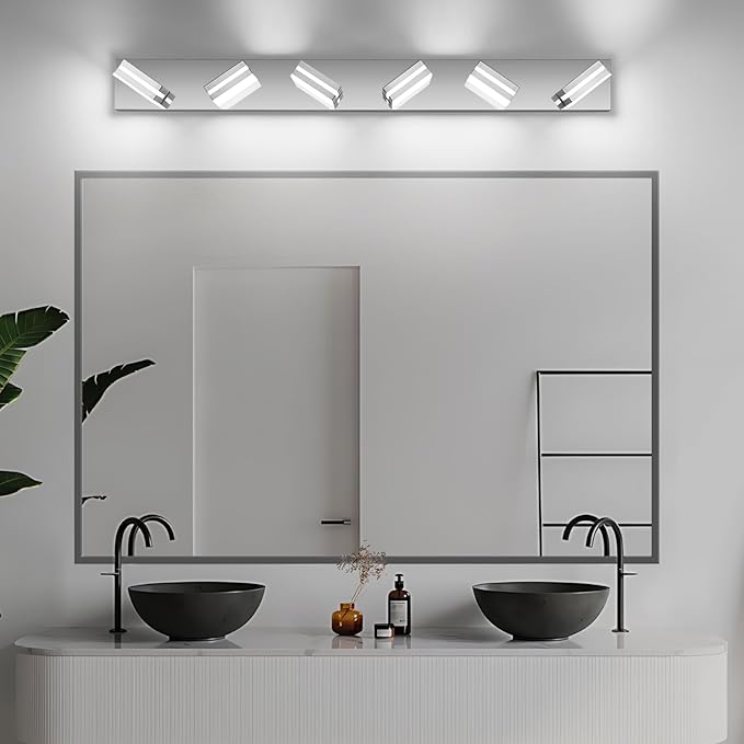 Modern LED Bathroom Lights Fixtures(6-Light),Metal Chrome Acrylic Wall Lighting,Vanity Lights for Bathroom Over Mirror(6000k 41In