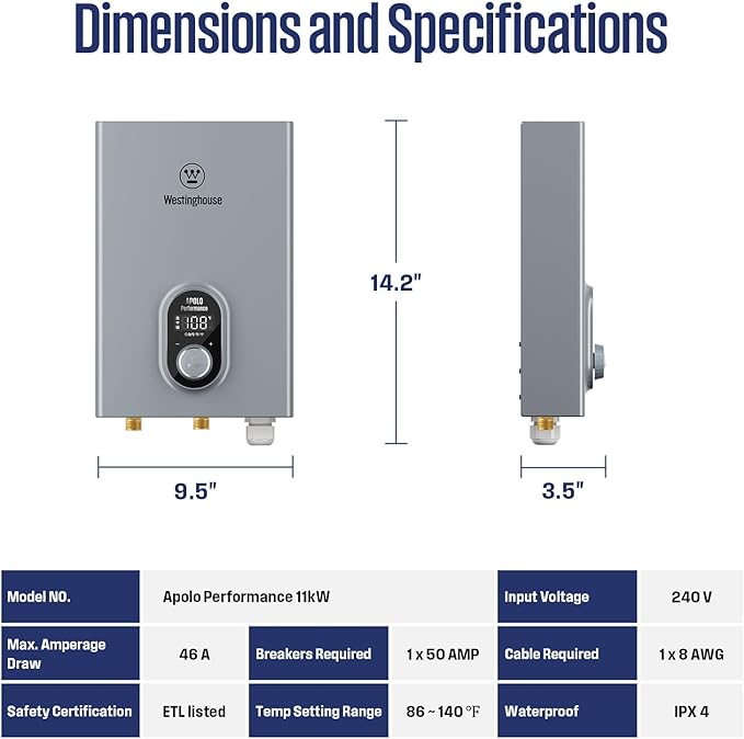 Westinghouse 11kW 240V Tankless Water Heater Electric, Up to 2.56 GPM, 1-3 Point of Use Hot Water, Work with Alexa & Google Home, ETL Certified, IPX4，Gray