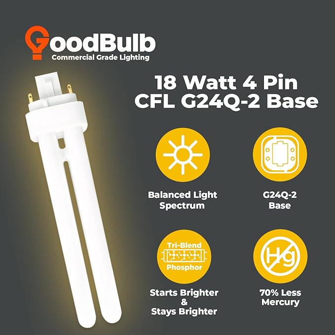 GoodBulb 18 Watt CFL Light Bulbs 4 Pin G24Q-2 Base 2700K Soft White 18W High Output 1200 Lumens Double Tube Compact Fluorescent Light Bulbs Plug-in 10 Pack