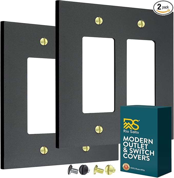 RIO SALTO Modern Metal Matte Black Double Decorator Wall Outlet Cover Light Switch Double Rocker Decora Electrical Decorator Wall Plate Electric Outlet Covers MIDSIZE Receptacle - (2 Gang, 2-Pack)