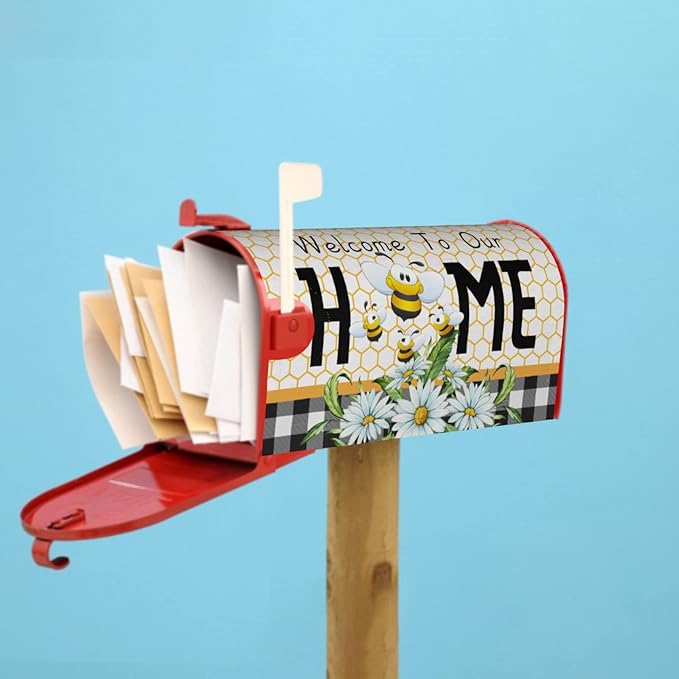 Summer Bee Buffalo Plaid Mailbox Cover Spring Daisy Floral Mailbox Cover Magnetic Standard Size 21" x 18" Farmhouse Rustic Welcome To Our Home Mail Box Covers Garden Yard Home Decor for Outdoor
