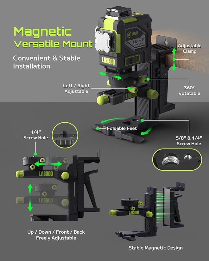 LasGoo 4x360° Self-Leveling Laser Level, 16 Lines Green Cross Line Laser, for Construction Projects and Home Decoration, with 2 Rechargeable Li-Ion Batteries and Magnetic Bracket, LG-4Ds