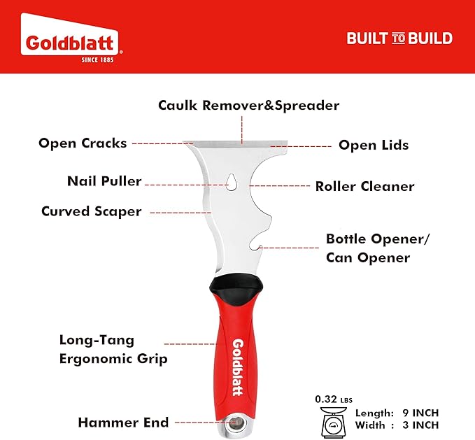 Goldblatt 9-in-1 Paint Scraper Tool, Heavy Duty Stainless Steel Putty Knife Scraper with Metal Hammer End, Multi-Use Painters Tool for Wood, Painting, Drywall