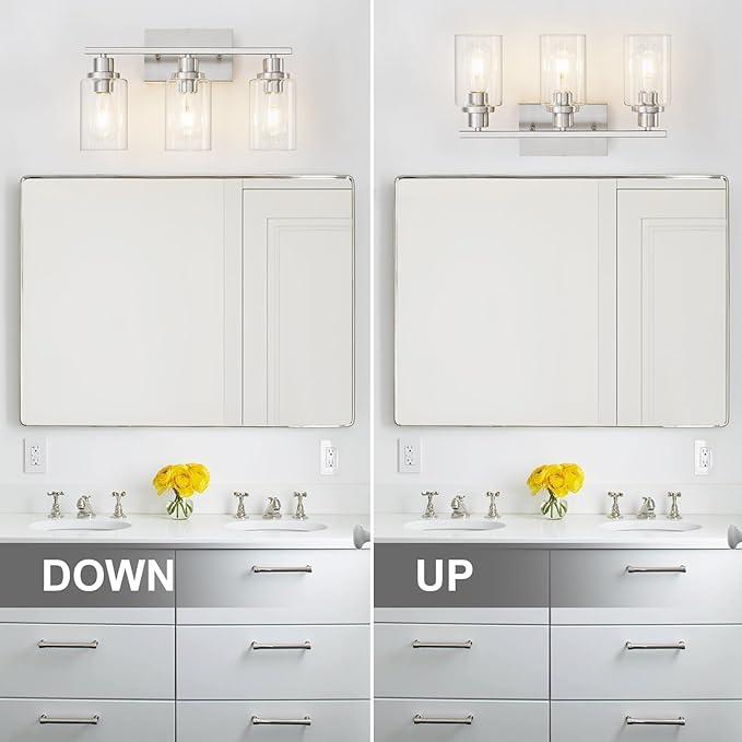 3 Light Bathroom Light Fixtures Brushed Nickel Vanity Light Over Mirror Modern Farmhouse Wall Lighting Sconces Wall Lamp for Bathroom, Bedroom, Living Room E26 Socket with Glass Shade